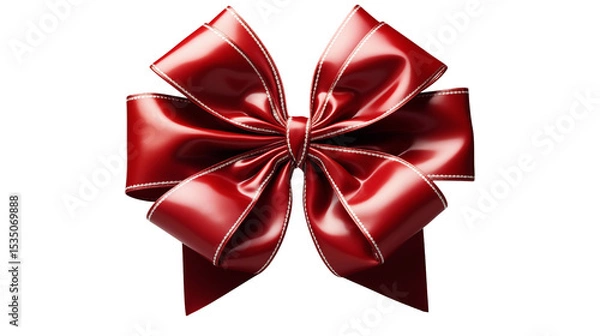 Obraz 3D red satin bow with white stitching, festive holiday decoration, elegant design element, shiny gift detail, isolated on transparent background.