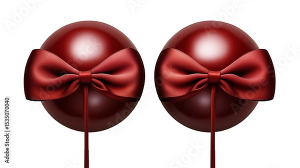 Obraz Red orbs with satin bows, festive Christmas decor, luxury New Year gift, elegant shiny background design, isolated on transparent background.