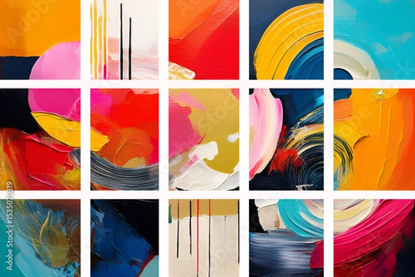 Fototapeta Abstract art design collage displays abstract art painting of rough colorful multicolored art painting texture, with oil brushstroke, pallet knife paint on canvas.