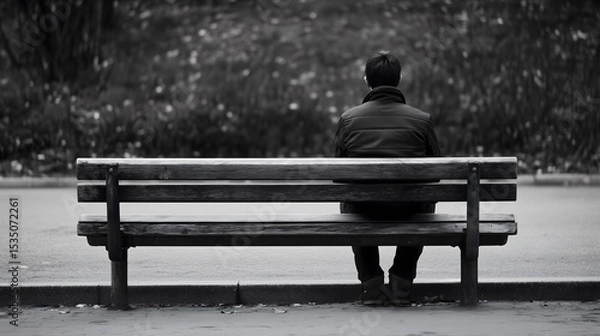 Obraz Back view of a lonely asian man sitting quietly on a park bench in a peaceful urban setting