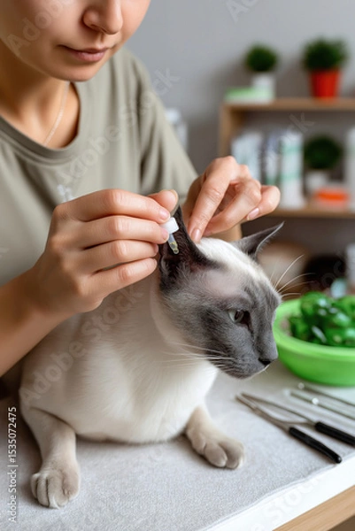 Obraz Veterinarian gently administering treatment to a cat's ear, showcasing a caring approach in a well-equipped veterinary clinic, with medical tools and a green bowl visible in the background