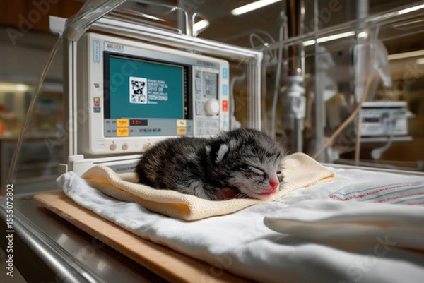 Obraz Newborn kitten peacefully sleeping on a soft blanket in a veterinary clinic, surrounded by advanced medical equipment, showcasing a caring environment for animal health and recovery