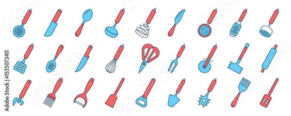 Fototapeta Kitchenware icon set. Color vector kitchen utensils, tools and cutlery. Whisk, slotted spoon, scissors, ladle and spatula. Sieve, knife, spoon, fork, peeler and opener