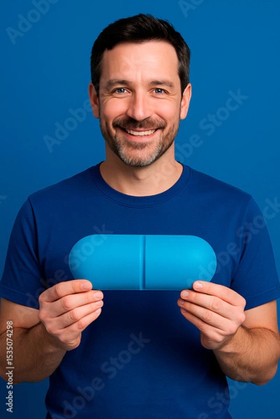 Obraz middle aged man smiling with stubble holding blue pill