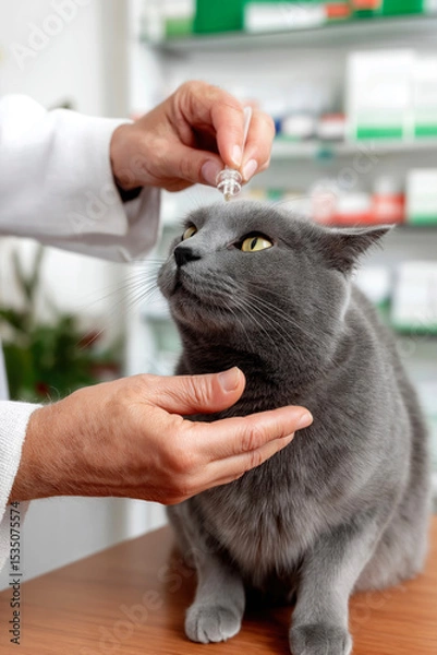 Obraz Veterinarian gently applying eye drops to a gray cat, showcasing care and attention in a veterinary clinic filled with medical supplies and a calming atmosphere