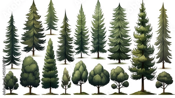 Obraz Hand-drawn evergreen trees, forest illustration set, fir-pine vector art, nature design collection, various sizes, isolated on transparent background.