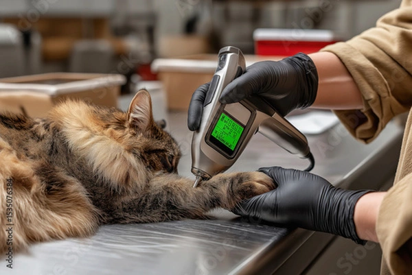 Obraz Veterinarian gently applying a medical device to a cat's paw in a veterinary clinic, showcasing the care and attention given to the animal, surrounded by various veterinary tools and equipment