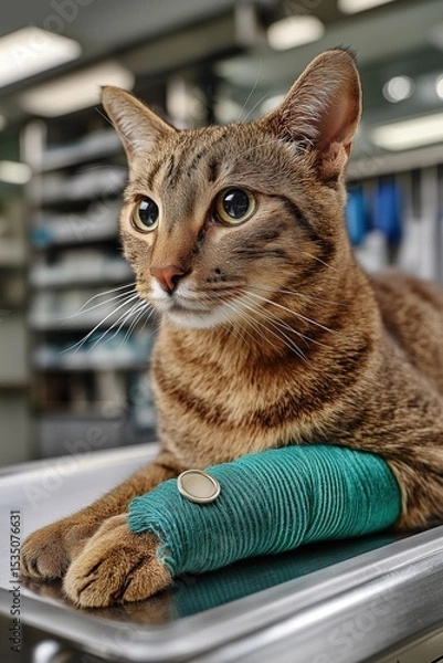 Obraz Tabby cat with a green bandage on its paw is resting on a stainless steel table in a veterinary clinic, surrounded by medical equipment and a clean, sterile atmosphere