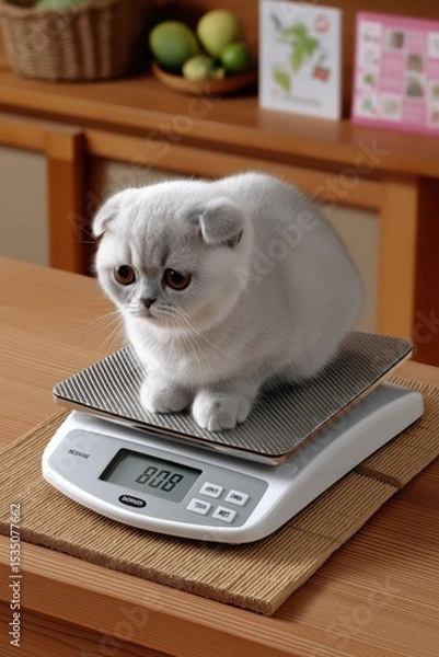 Obraz Cat is perched on a digital scale in a warm kitchen setting, surrounded by fresh fruits and a wooden countertop, highlighting the importance of pet health and weight management