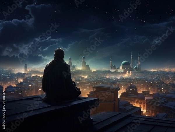 Obraz Lonely figure gazing at futuristic cityscape under night sky