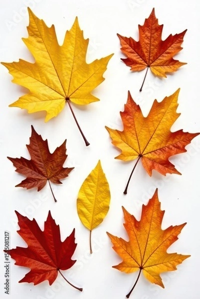 Fototapeta Group of oak leaves, various autumn hues, white backdrop , plant, still life