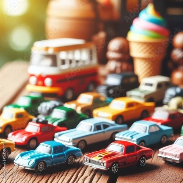 Fototapeta Close up of tiny toy cars in different shades scattered on a wooden table with bokeh effect in the background