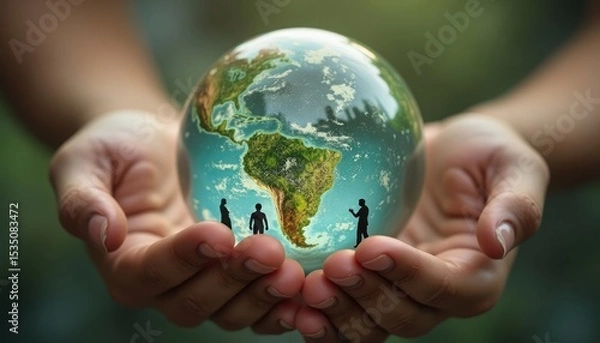 Fototapeta Hands holding a glass globe of the Earth with small figures symbolizing humanity