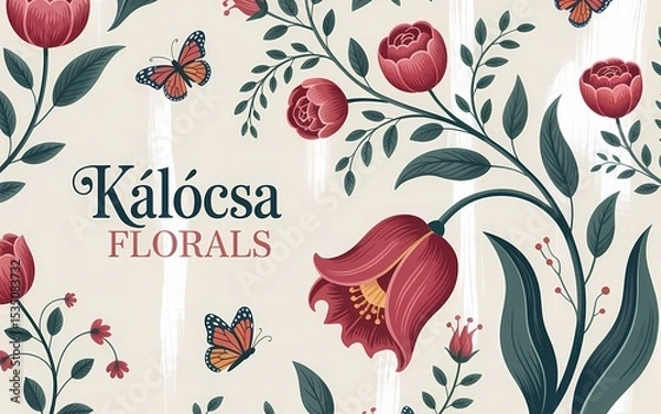 Fototapeta Hungarian Kalocsa Embroidery, K?l?csa Florals: Elegant Floral Design with Butterflies and Decorative Elements