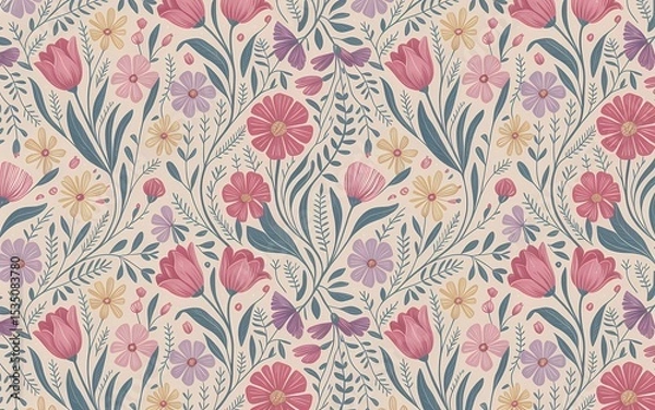 Obraz Hungarian Kalocsa Embroidery, Delicate Floral Pattern with Pastel Flowers and Leaves