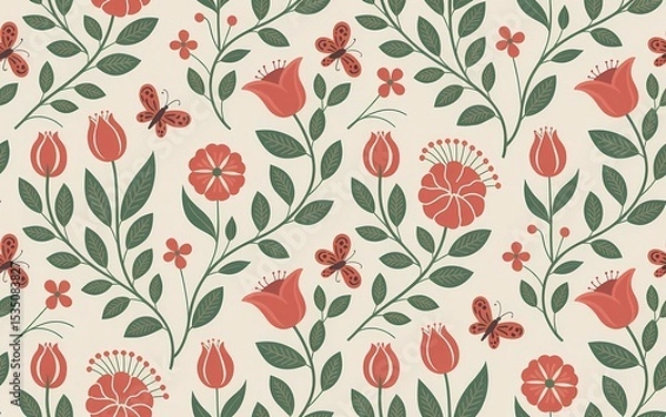Fototapeta Hungarian Kalocsa Embroidery, Retro floral pattern with tulips, butterflies, and stylized flowers on a cream background
