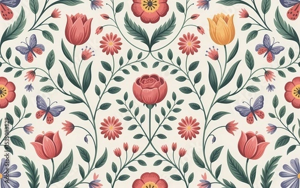 Fototapeta Hungarian Kalocsa Embroidery, Delicate Floral and Butterfly Pattern on a Cream Background