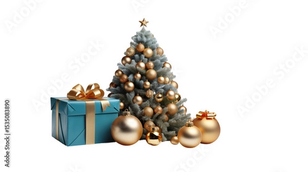 Obraz Christmas tree with gold ornaments, teal gift box, festive winter decor, New Year holiday background, isolated on transparent background.
