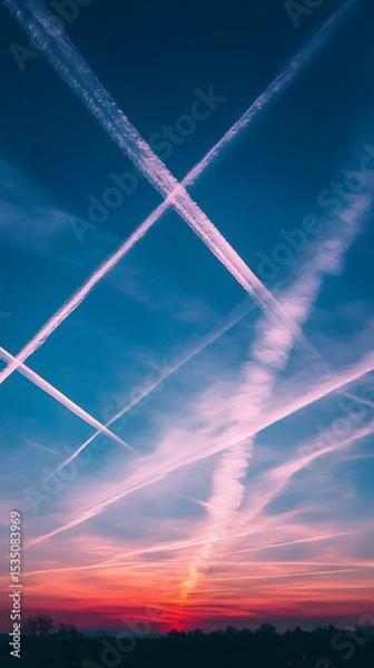 Fototapeta Intersecting Contrails Against a Sunset Sky