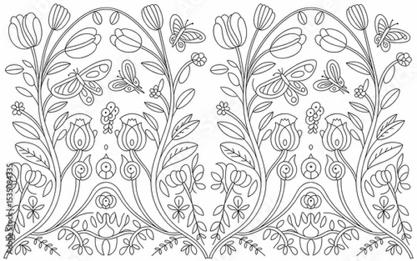 Fototapeta Hungarian Kalocsa Embroidery, Symmetrical Floral and Butterfly Line Art Design with Detailed Outlines
