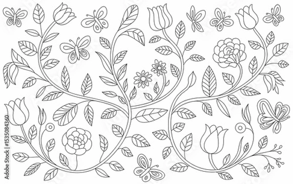 Fototapeta Hungarian Kalocsa Embroidery, Intricate floral and butterfly line art pattern for coloring book pages
