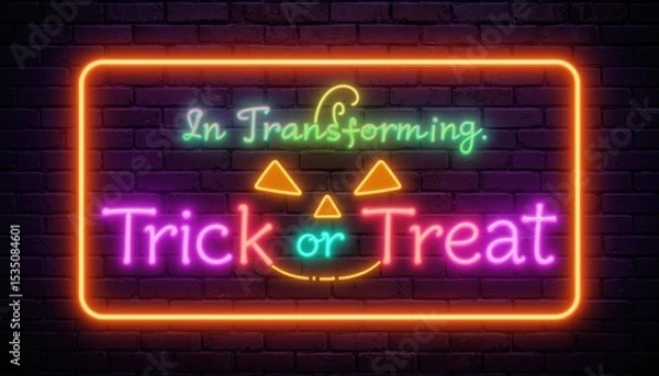 Obraz Colorful Neon Halloween Sign with Jack-O-Lantern Theme for Spooky Celebration and Festive Atmosphere