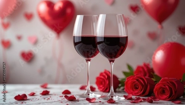 Obraz Romantic Setting with Red Wine Glasses and Red Roses for Special Occasion Celebrations and Love Events