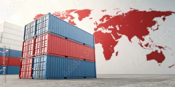 Fototapeta Import tariff policy concept. Shipping containers with a world map background.