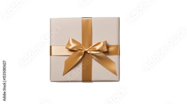 Obraz Christmas gift box with gold ribbon, pine ornaments, festive winter holiday present, beige background, isolated on transparent background.