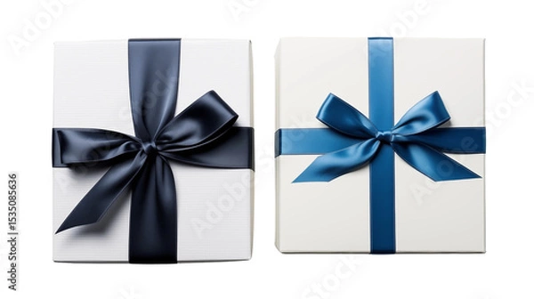 Obraz Navy-teal satin ribbon gift boxes, luxury packaging, white background studio shot, festive holiday design, isolated on transparent background.