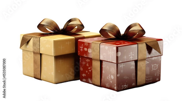 Obraz Brown-ribboned gift boxes, red-gold winter holiday presents, festive surprise packaging, elegant decoration, isolated on transparent background.