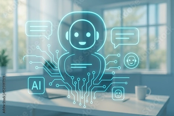 Fototapeta AI machine learning chatbot technology assisting users with automated virtual communication. Futuristic interface artificial intelligence enabling smart conversation and solutions customer support.