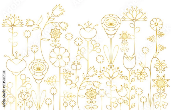 Obraz Golden vector flowers silhouettes background. Simple gold symmetrical flowers isolated on white background. Outline graphic floral elements. Border, wallpaper, poster template design.	