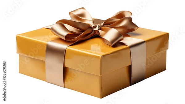 Obraz Golden gift box with satin bow, luxury holiday present, festive packaging template, special occasion surprise, isolated on transparent background.