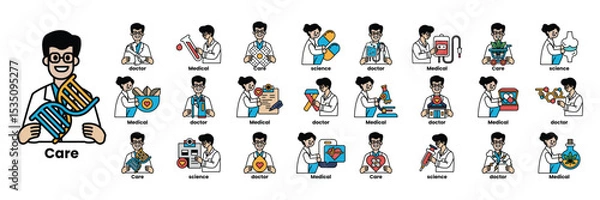 Fototapeta Set of illustrations in the concept of Doctors and things in line art style