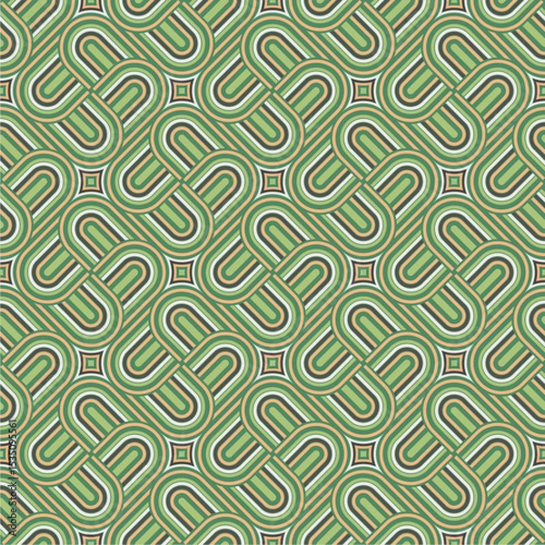 Obraz Seamless Retro Geometric Pattern with Interlocking U-Shapes in Green, White, and Orange, Vintage Abstract Background Ideal for Textiles, Wallpapers, Wrapping Paper, or Digital Decorative Projects