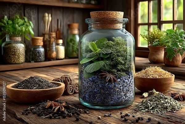 Fototapeta Preserved green herbs in tea jar high resolution image