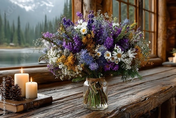Fototapeta Purple and yellow flowers in mason jar high resolution image