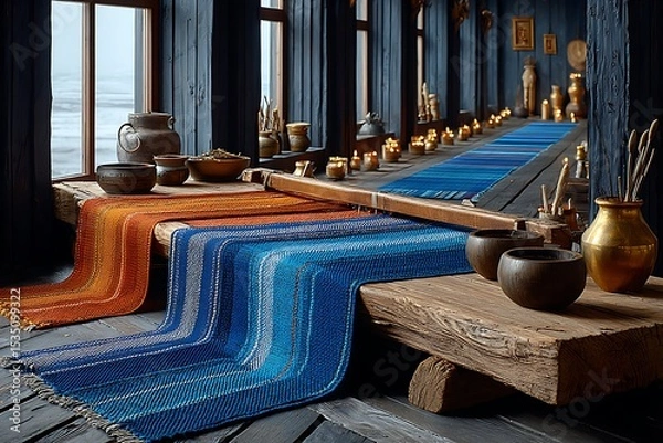 Fototapeta Rainbow textile on classic wooden loom high resolution image