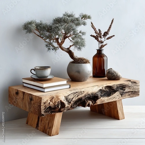 Fototapeta Raw edge table with ceramic plant vases