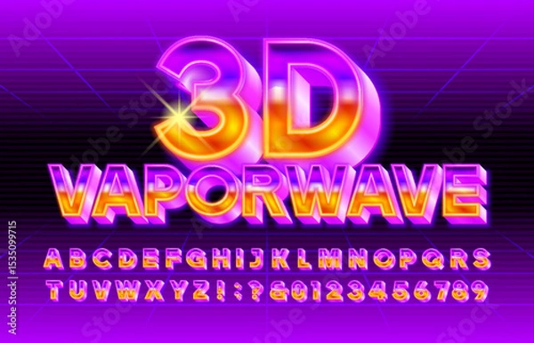Fototapeta 3D Vaporwave alphabet font. Bright neon 80s style letters and numbers. Abstract polygonal background. Stock vector typeface for your design.