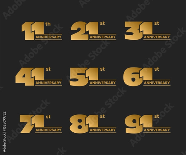 Fototapeta Set of anniversary logo design on black. From 11 to 91. Stock vector illustration for celebration event, greeting card, invitation etc. 