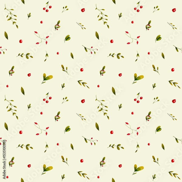 Fototapeta Watercolor pattern of berries and leves on beigebackground. Hand drawn watercolor berries. Design for paper, background, menu, poster, textile, wallpaper, business cards.