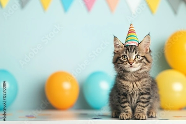 Fototapeta Cute Tabby Kitten Wearing Party Hat at Colorful Celebration with Balloons and Bunting Decorations.