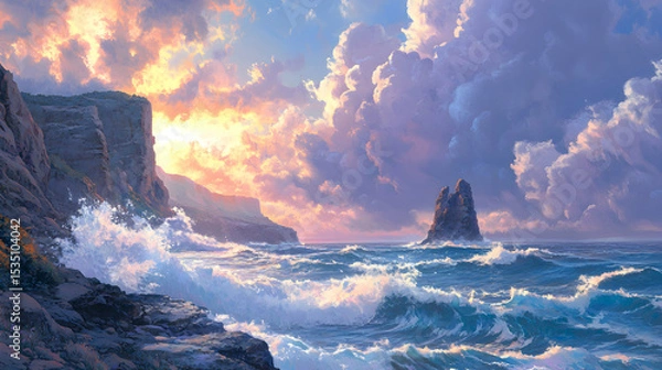 Fototapeta Ocean Coastline at Sunrise with Dramatic Clouds Seascape Azure Waves Nature Scenery Serene Cliffside Landscape