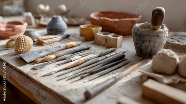 Fototapeta Pottery Tools Sculpting Set Still Life on Workbench Clay Crafting Art Ceramic Tools