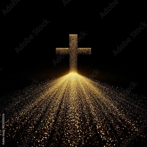 Obraz A gold cross is falling from the sky, with a stream of gold dust surrounding it