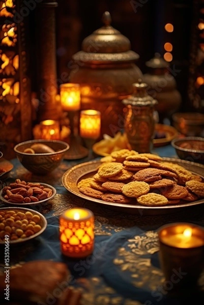 Obraz "Festive feast on blue tablecloth, gold trays of cookies and chips, lit candles, Indian celebration ambiance"