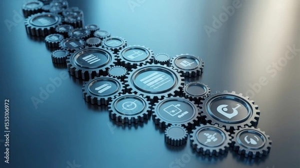 Fototapeta Interconnected Gears with Icons Representing Technology and Processes