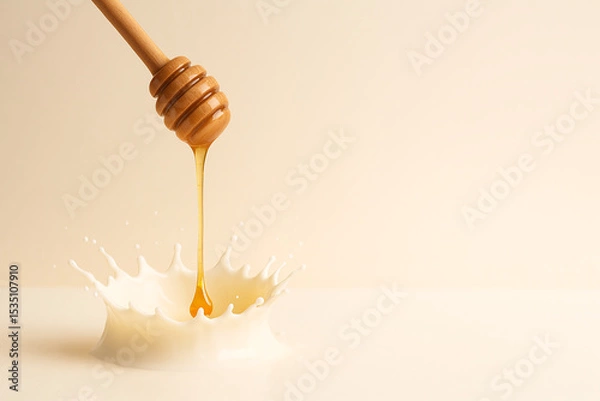 Obraz "Milk Splash Torus with Dripping Honey Dipper — Minimalist Breakfast Hero Visual on Pastel Background (8K, High-Speed Studio Shot)"